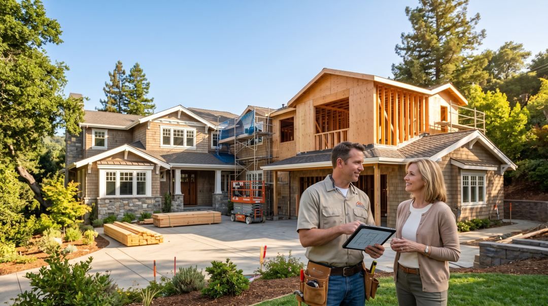 A design-build professional and a homeowner reviewing digital plans together in front of a Los Gatos home renovation project.