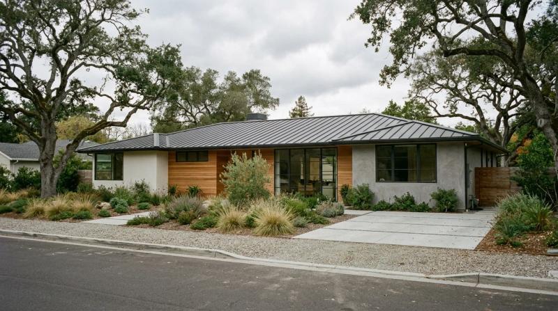 Single-story modern custom home with cedar siding and metal roof behind mature oaks on a Los Altos street