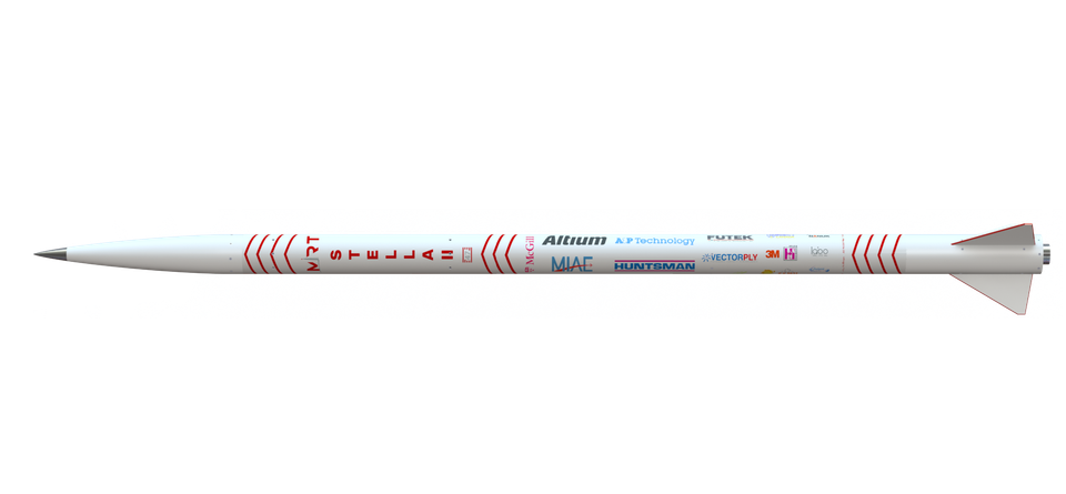 A full-length rendering of a white rocket, "MRT STELLAH" written vertically along its side in red letters. Below the letters, there are several sponsor logos. The rocket has a pointed nose cone and three fins at its base.