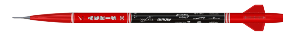 A detailed digital rendering of a horizontal rocket shows a sleek, predominantly red body with a pointed nose cone and three fins at the tail. A central black band along the rocket's body features various white sponsor logos and the text "AERIS 3B" in large, stylized white letters on the red section.