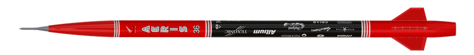 A detailed digital rendering of a horizontal rocket shows a sleek, predominantly red body with a pointed nose cone and three fins at the tail. A central black band along the rocket's body features various white sponsor logos and the text "AERIS 3B" in large, stylized white letters on the red section.