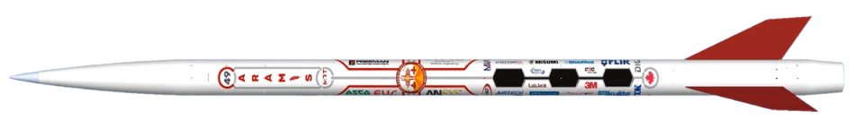A white rocket, Project Aramis, is depicted against a black background, with "ARAMIS" written in red on its side. It features red fins at the tail and displays various sponsor logos along its body.