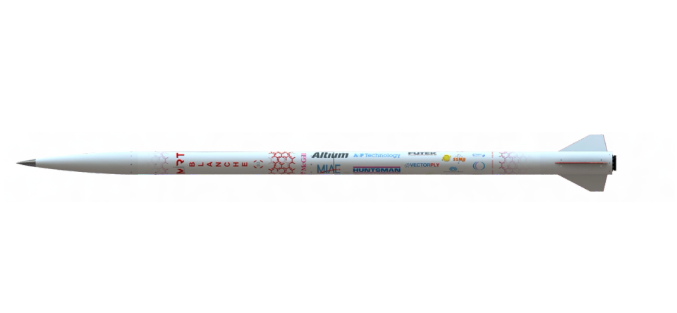 A 3D rendering of a white rocket, named "BLANCHE" vertically in red text, against a black background. The rocket has a pointed nose cone and four fins at the tail. Various sponsor logos are visible along the body of the rocket, including Altium, A&P Technology, Futek, McGill, MAAC, Huntsman, and Vectorfly.
