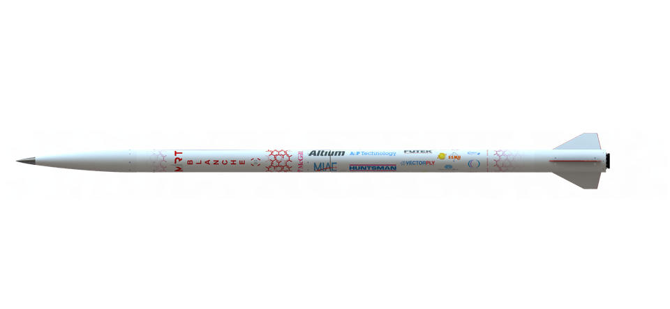 A 3D rendering of a white rocket, named "BLANCHE" vertically in red text, against a black background. The rocket has a pointed nose cone and four fins at the tail. Various sponsor logos are visible along the body of the rocket, including Altium, A&P Technology, Futek, McGill, MAAC, Huntsman, and Vectorfly.