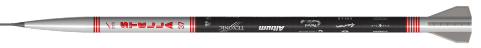  A horizontal digital rendering of a sleek, white rocket with a pointed nose cone and gray fins. The mid-section of the rocket features a black band with various white sponsor logos. The word "STELLA" is prominently displayed in red letters on the white section of the rocket, with thin red horizontal stripes above and below it.