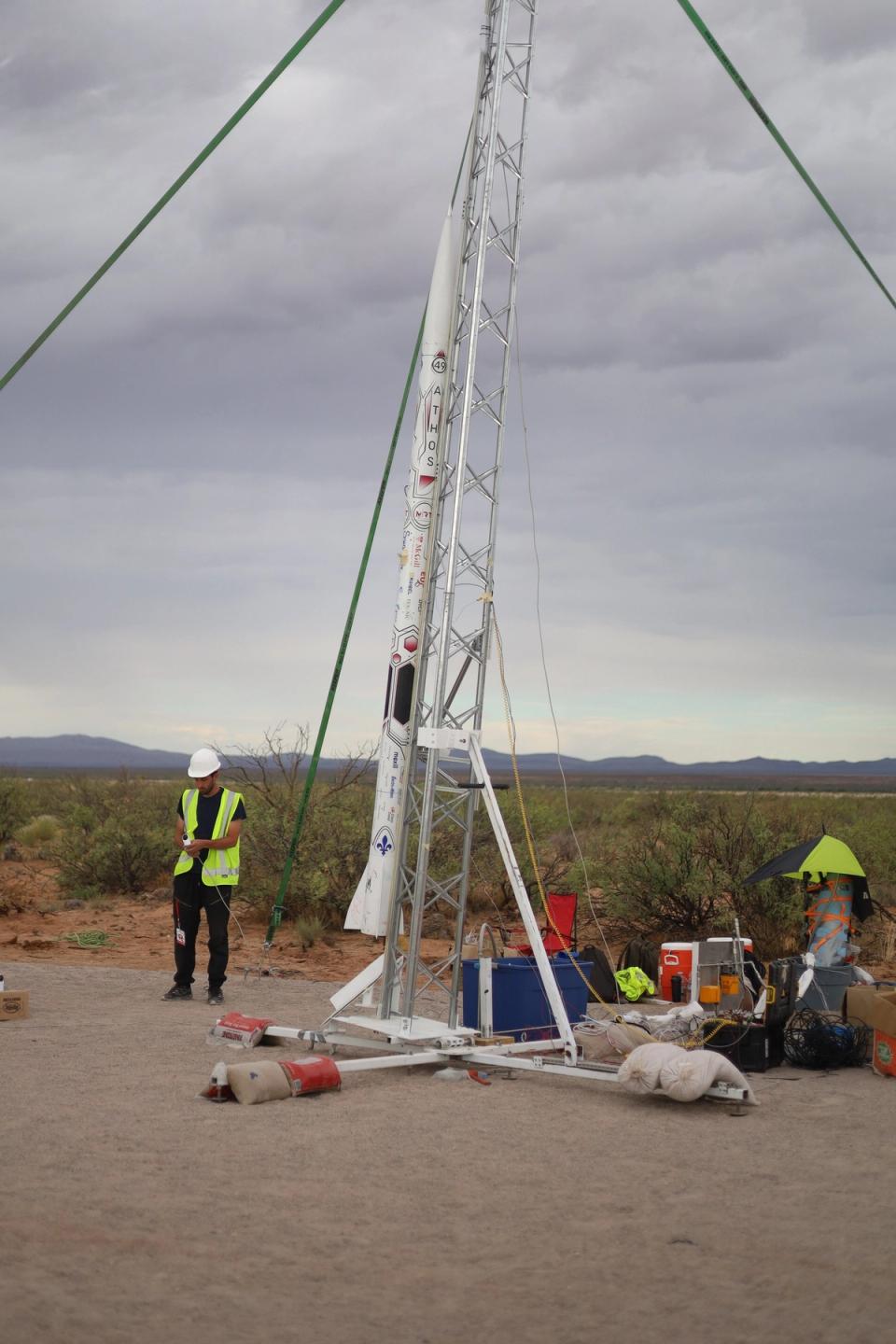 The Project Athos rocket set up on its launch rail.