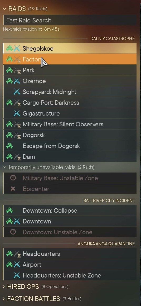 The Missions Terminal raid list: a leaf marks Isolated, crossed swords mark Open, Escape from Dogorsk and Downtown: Collapse show only the leaf, Scrapyard: Midnight and Gigastructure only the swords