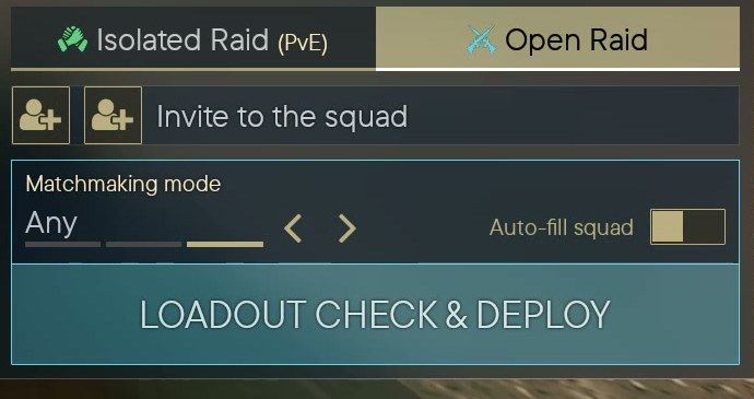 The Open Raid deploy panel: Invite to the squad, Matchmaking mode set to Any with arrows, the Auto-fill squad toggle, and Loadout check and deploy