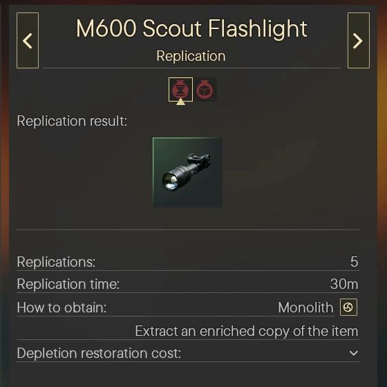 The Replicator's detail panel for the M600 Scout Flashlight: 5 replications, 30 minute replication time, obtained from the Monolith or by extracting an enriched copy