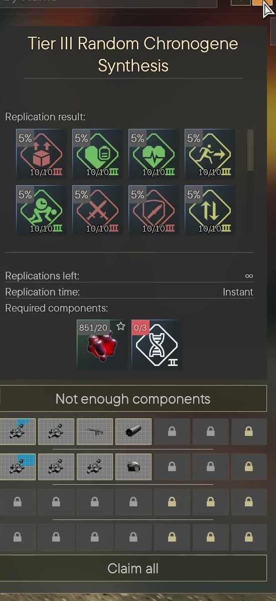 Tier III Random Chronogene Synthesis: random Tier III results at 5% each, instant, costing 20 Active Matter and 3 Tier II Random Chronogenes