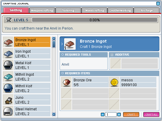 The Classic World Crafting Journal showing a Bronze Ingot recipe that needs five Bronze Ore and 100 mesos