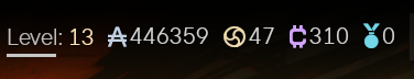 Active Matter's top bar at Level 13 showing 446,359 Credits, 47 Monolith Tokens, 310 Crystallised Active Matter and 0 Merits