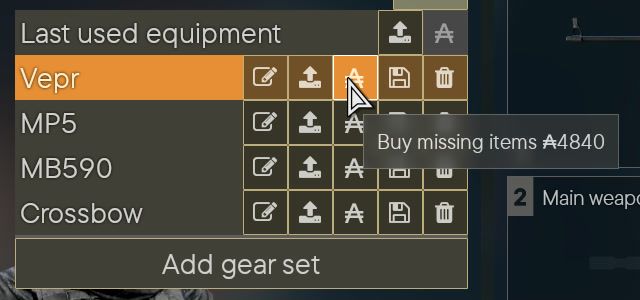 The Last used equipment dropdown with four saved gear sets and a Buy missing items tooltip reading 4,840 Credits on the Vepr set