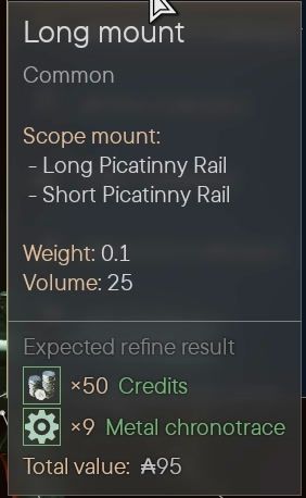 A Long mount tooltip in the weapon modding view, ending with its expected refine result of 50 Credits and 9 Metal chronotrace