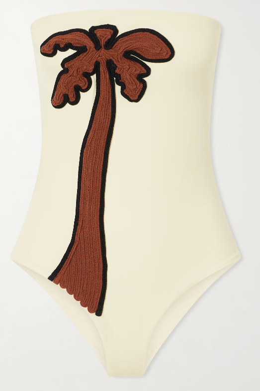JOHANNA ORTIZ Palm appliquéd strapless swimsuit