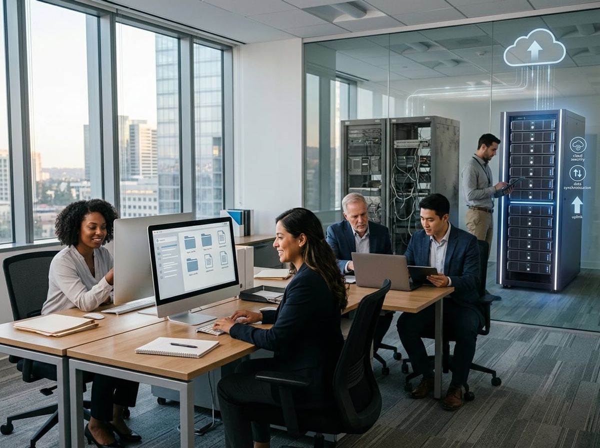 Law firm team working on laptops connected to cloud icons above server hardware