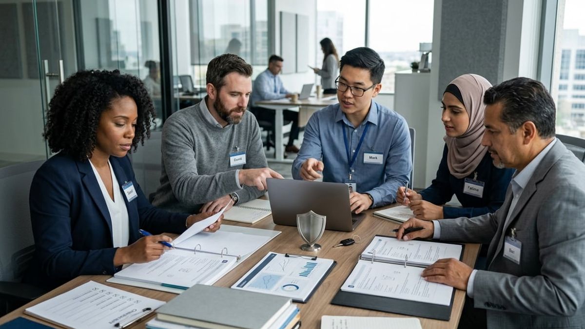 Law firm partners reviewing client security questionnaire controls in a NYC office