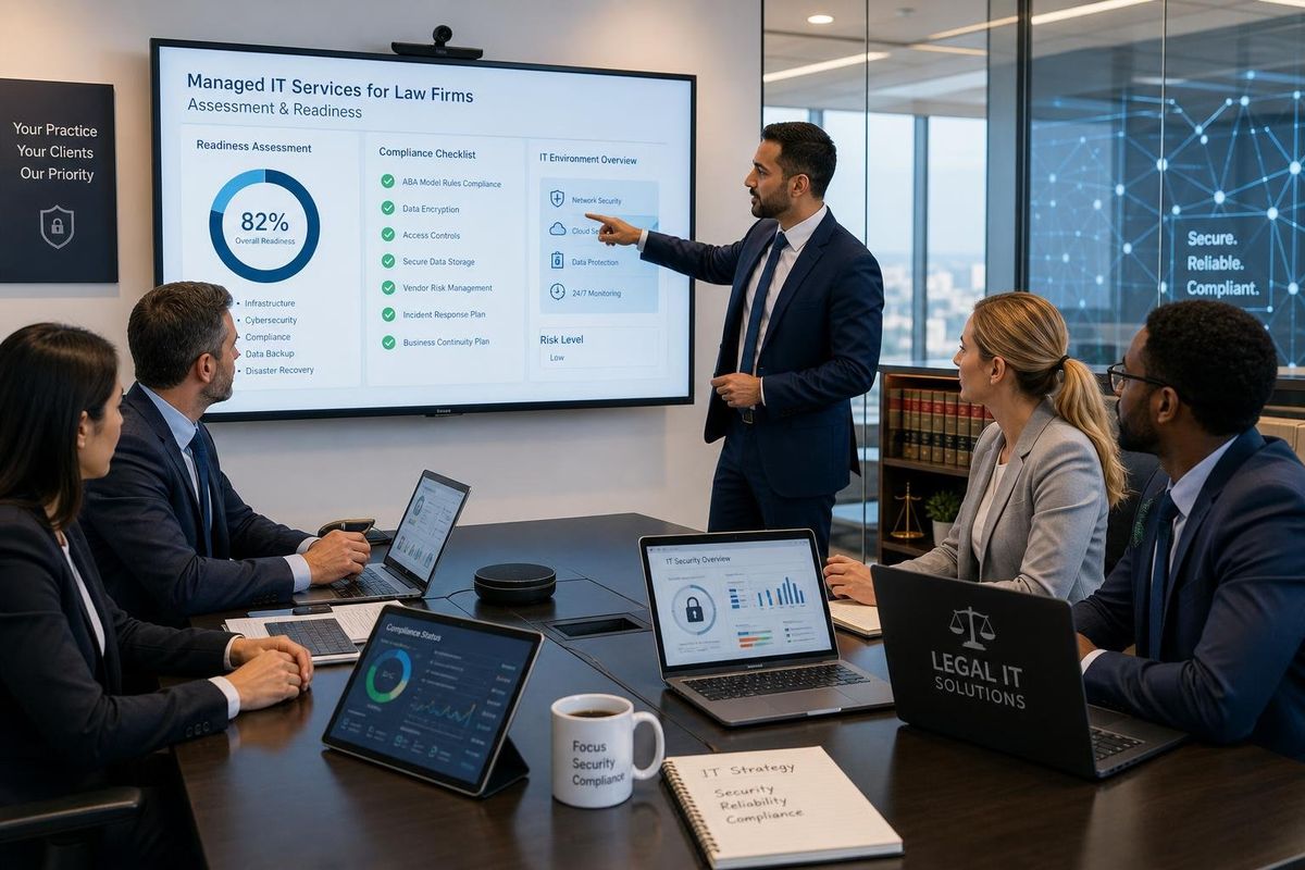 A group of business professionals in a meeting room reviewing charts and documents on laptops and a large screen.