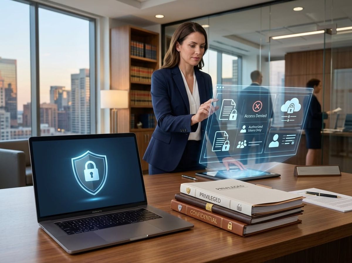 A law office desk with a laptop showing a digital lock icon, legal documents, and a professional interacting with a digital interface representing file encryption and access controls.