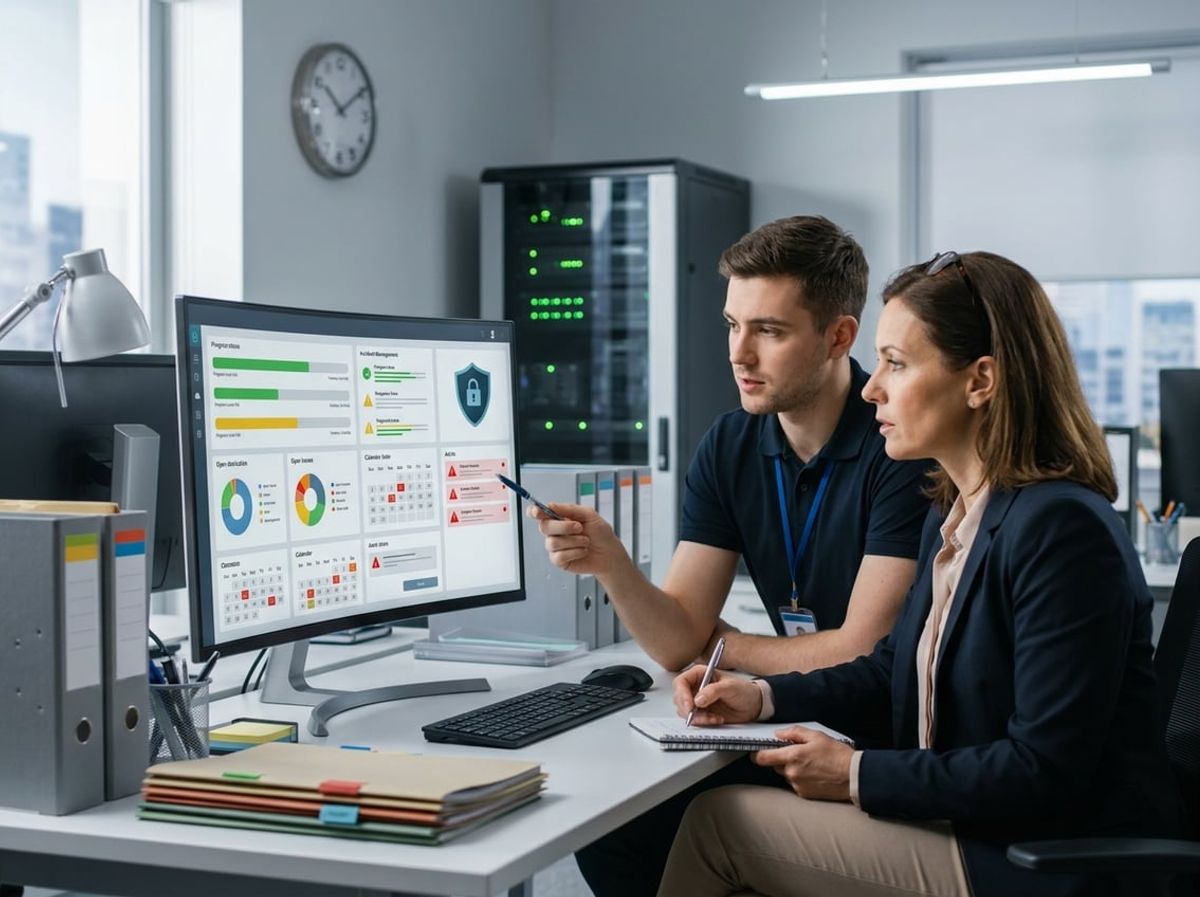 Legal administrator and IT professional examine law firm IT response times on a dashboard