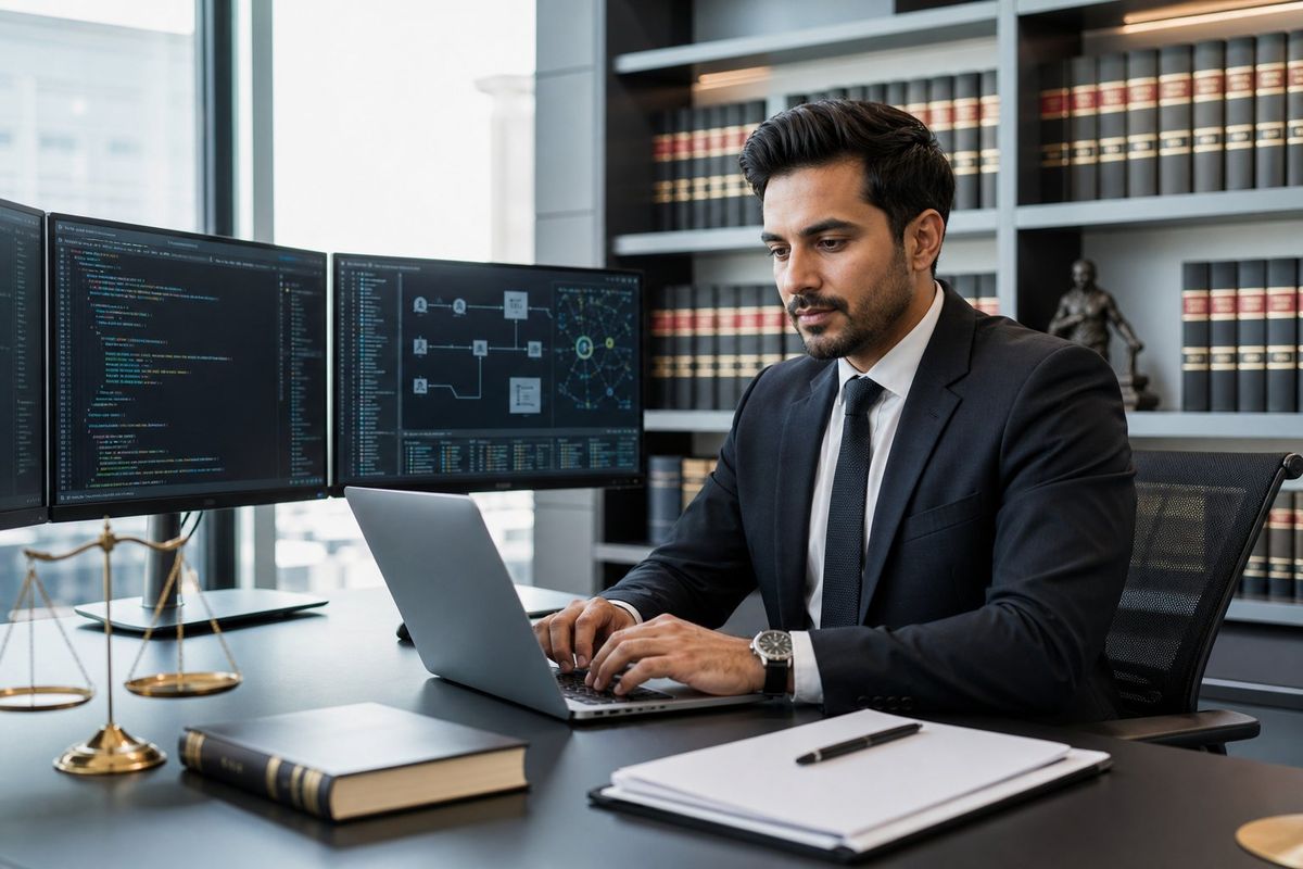 A law firm IT consultant working on a laptop at a desk in a modern office with law bookshelves in the background.