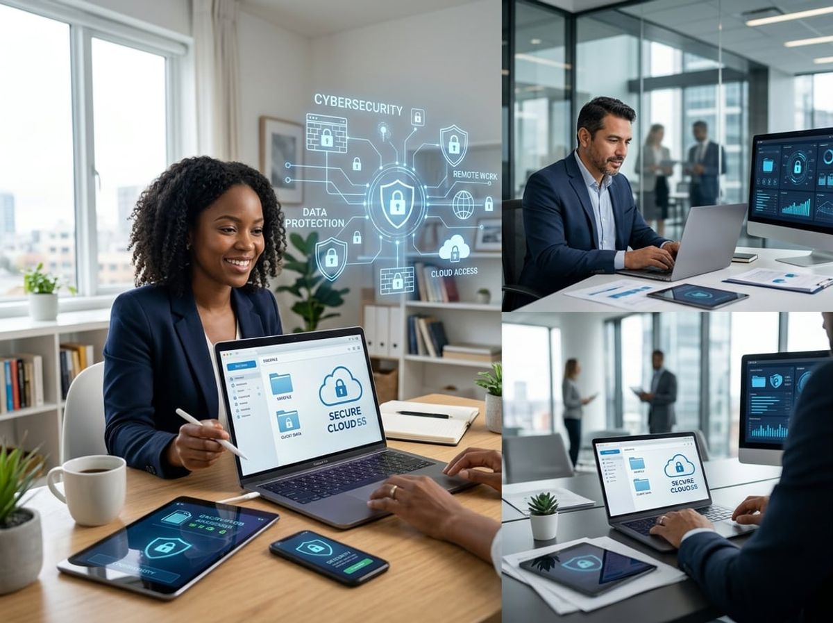 Remote workers using laptop, tablet, and phone showing endpoint protection on multiple devices