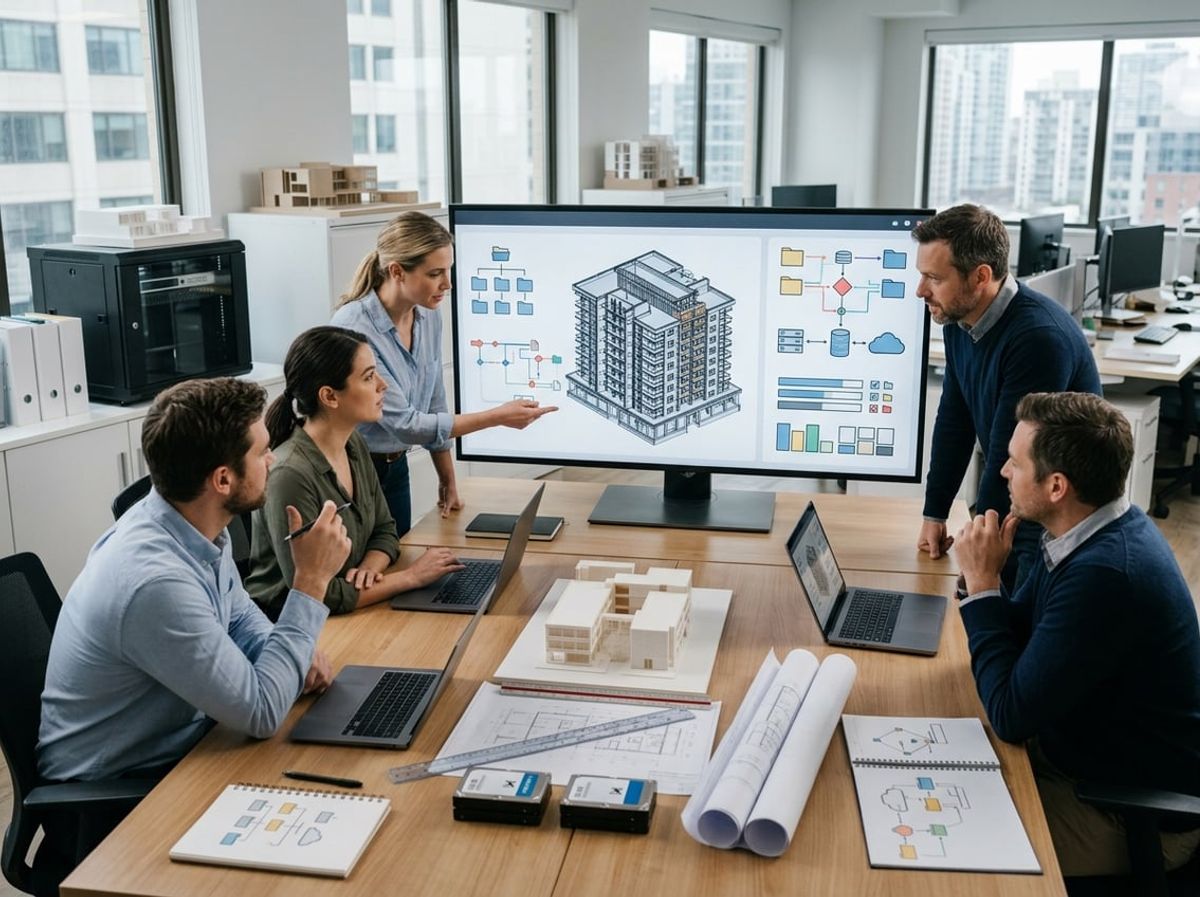 Team sketching a folder structure plan at a whiteboard near a model workstation