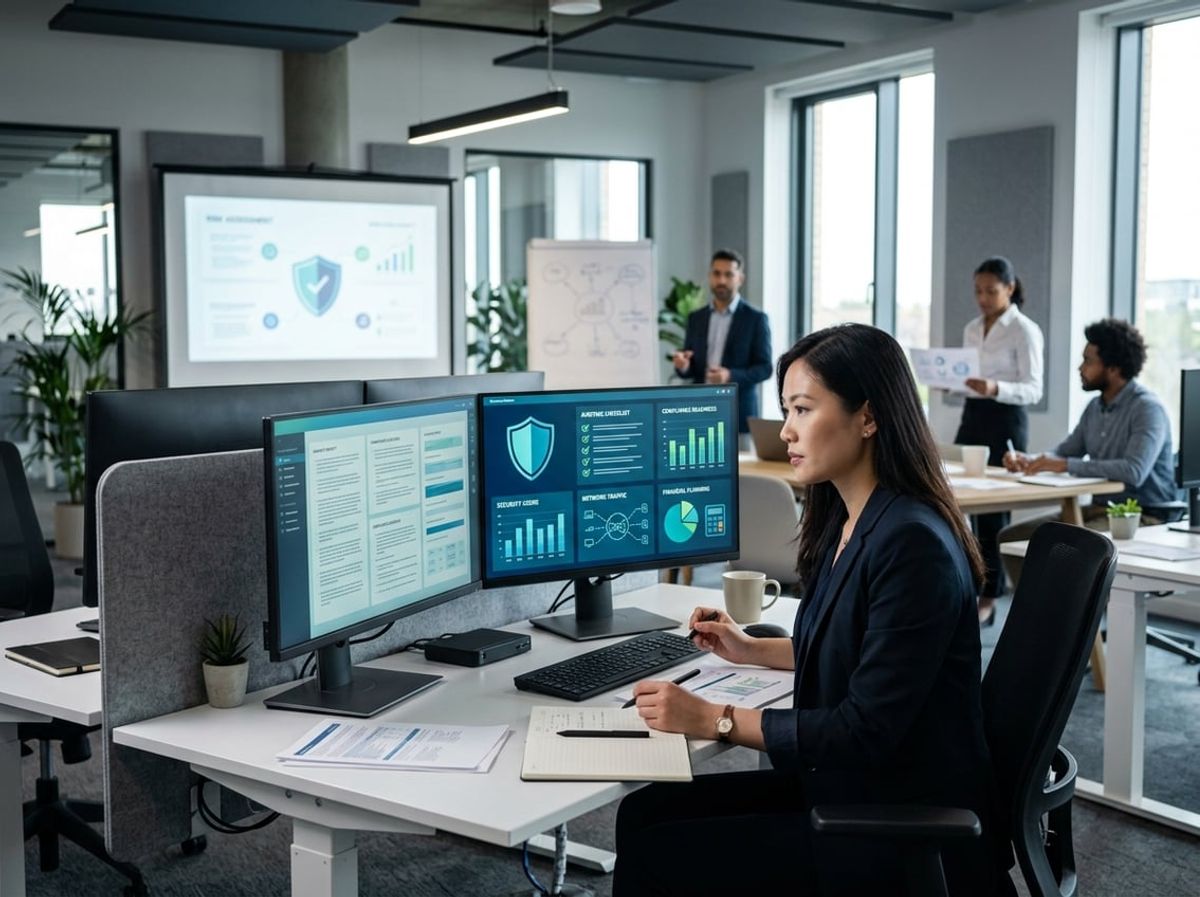 IT staff review cybersecurity compliance checklists alongside insurance and budget documents