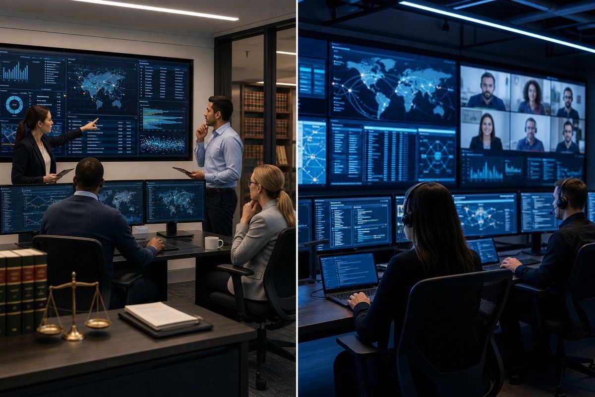 Two teams monitoring cybersecurity systems in modern office environments, one in-house and one remote, focused on protecting law firms.