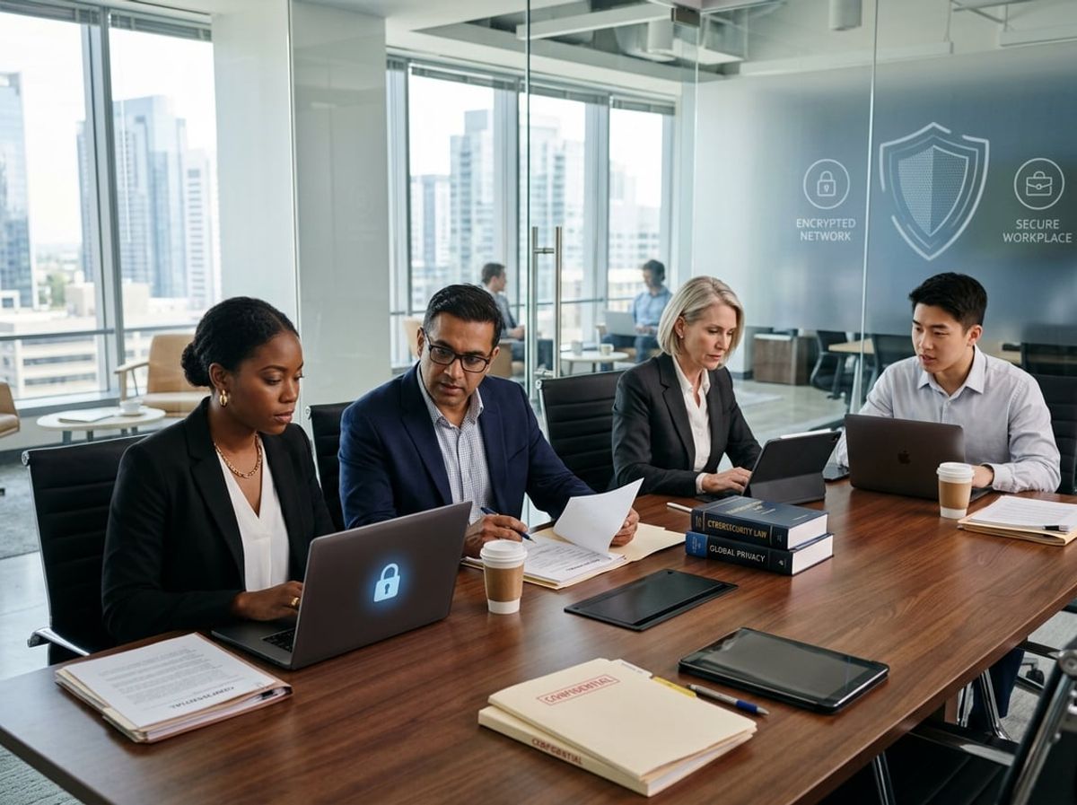 IT professionals and attorneys reviewing remote work security strategy around a conference table