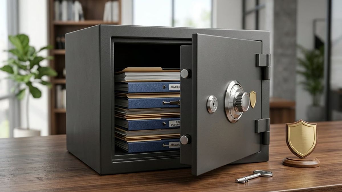 Law firm partners reviewing secure law firm documents access controls in a NYC office