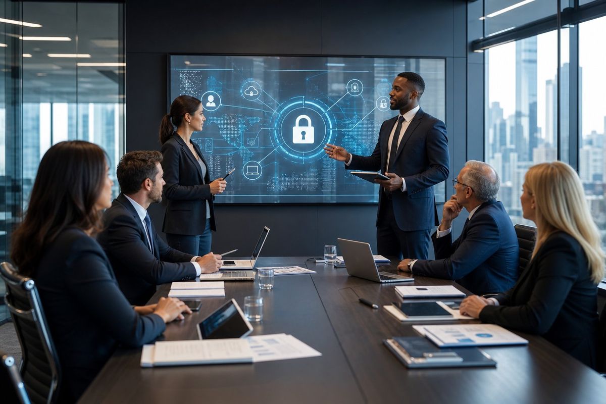 A group of business professionals in a law firm office collaborating around a table with laptops and digital screens showing network security visuals.