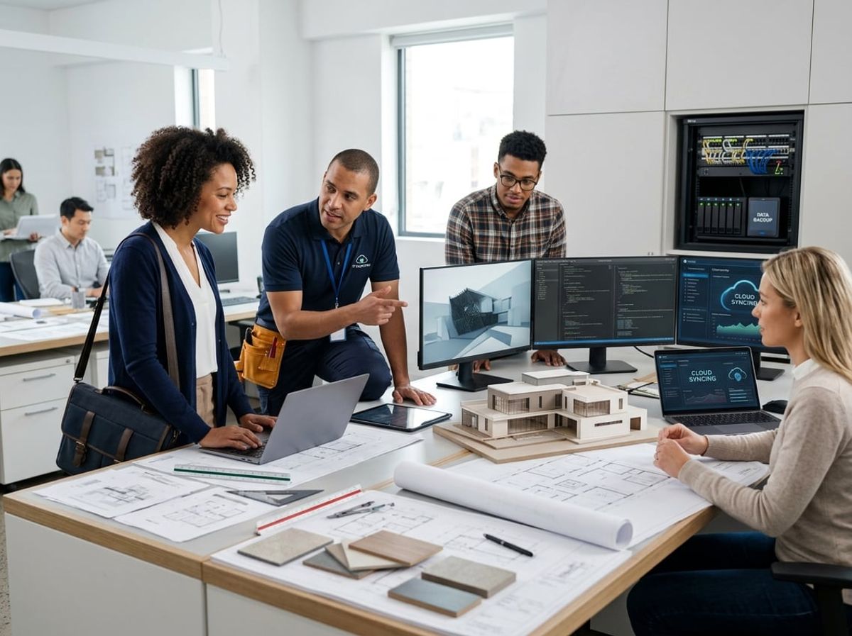 Technician troubleshooting design software alongside architects at a cluttered studio workstation