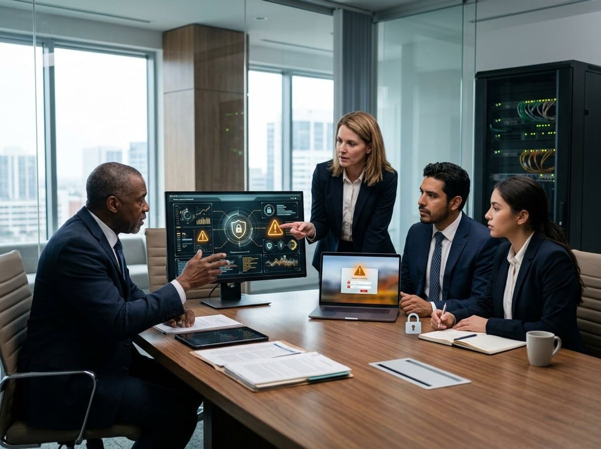 Attorneys and consultants huddle over a screen discussing a potential cybersecurity threat