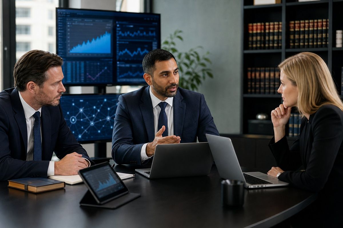 Three professionals in a law office discussing IT strategy around a conference table with laptops and monitors.