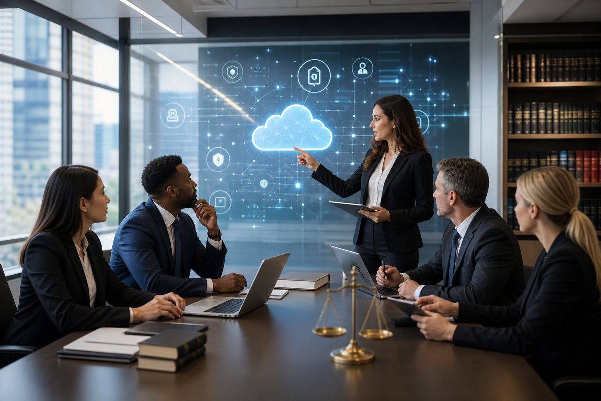 A group of business professionals in a modern law office collaborating around a table with laptops and digital devices, with cloud computing icons displayed on a screen in the background.