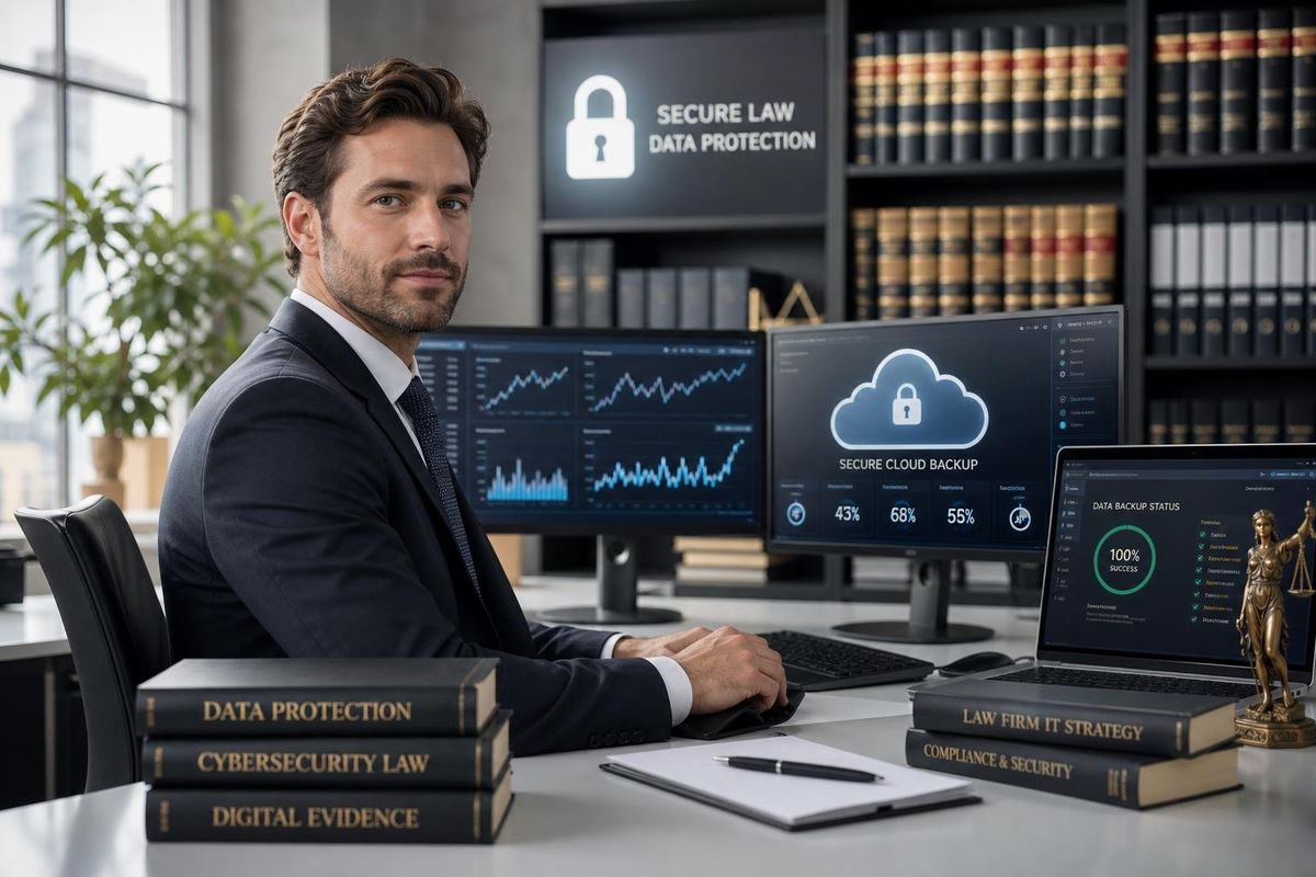 A lawyer working at a desk with multiple computer screens showing data charts and security icons in a modern office with legal books in the background.