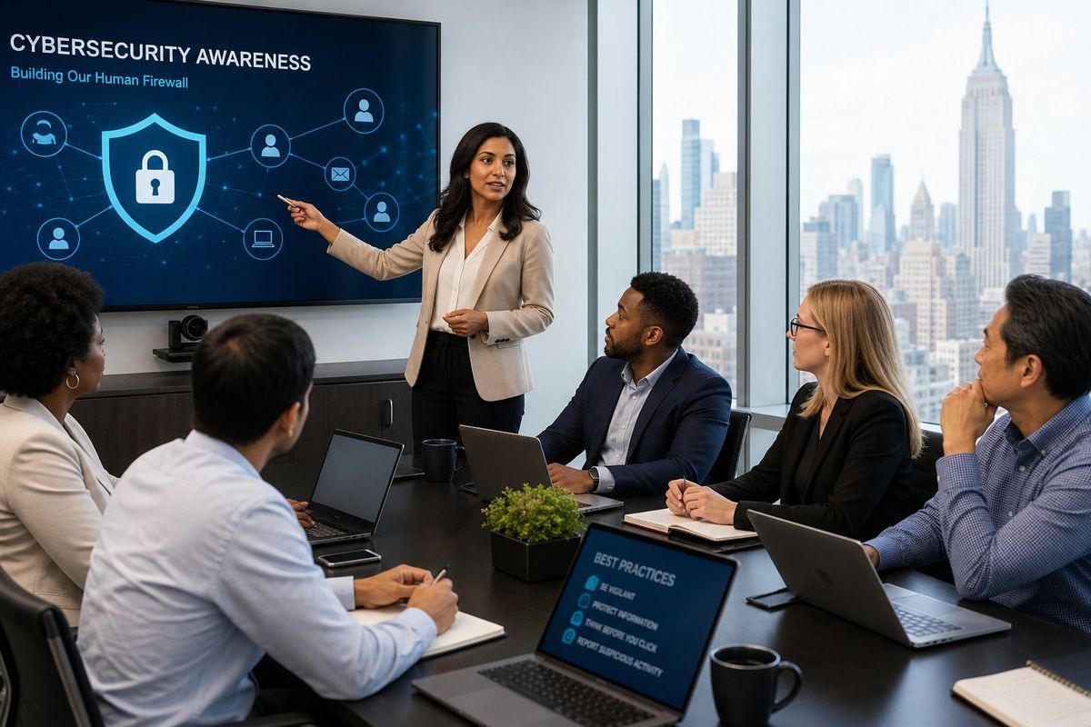 A group of business professionals attending a cybersecurity training session in a modern office with a city skyline visible through large windows.