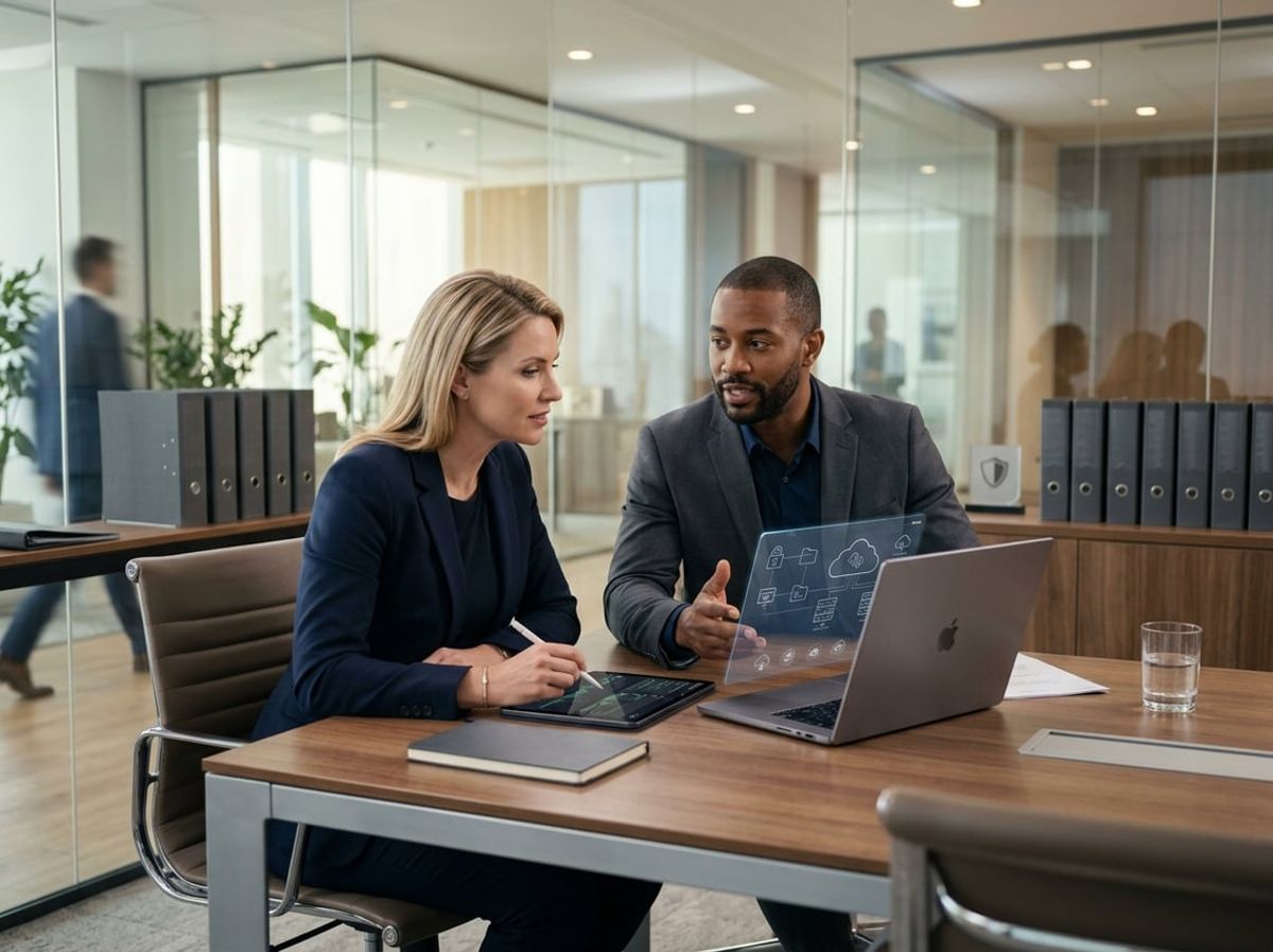 Consultant and attorney sit together reviewing frequently asked questions on a tablet