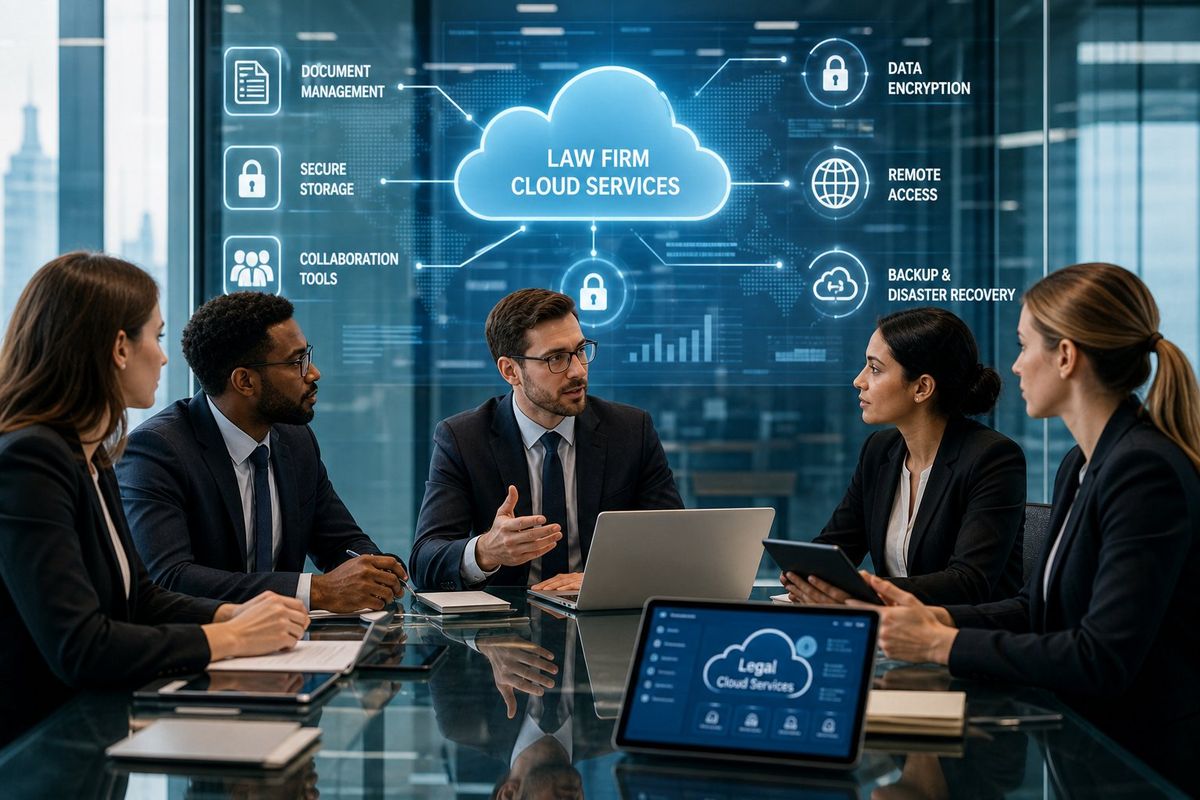 A group of business professionals collaborating around a table with laptops and digital devices, with a digital screen showing cloud network icons in a modern office.