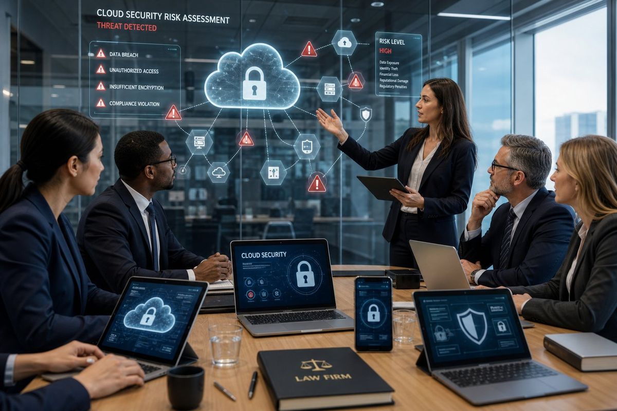 Lawyers and IT professionals working together in a modern office with digital devices and a large screen showing cloud security diagrams.