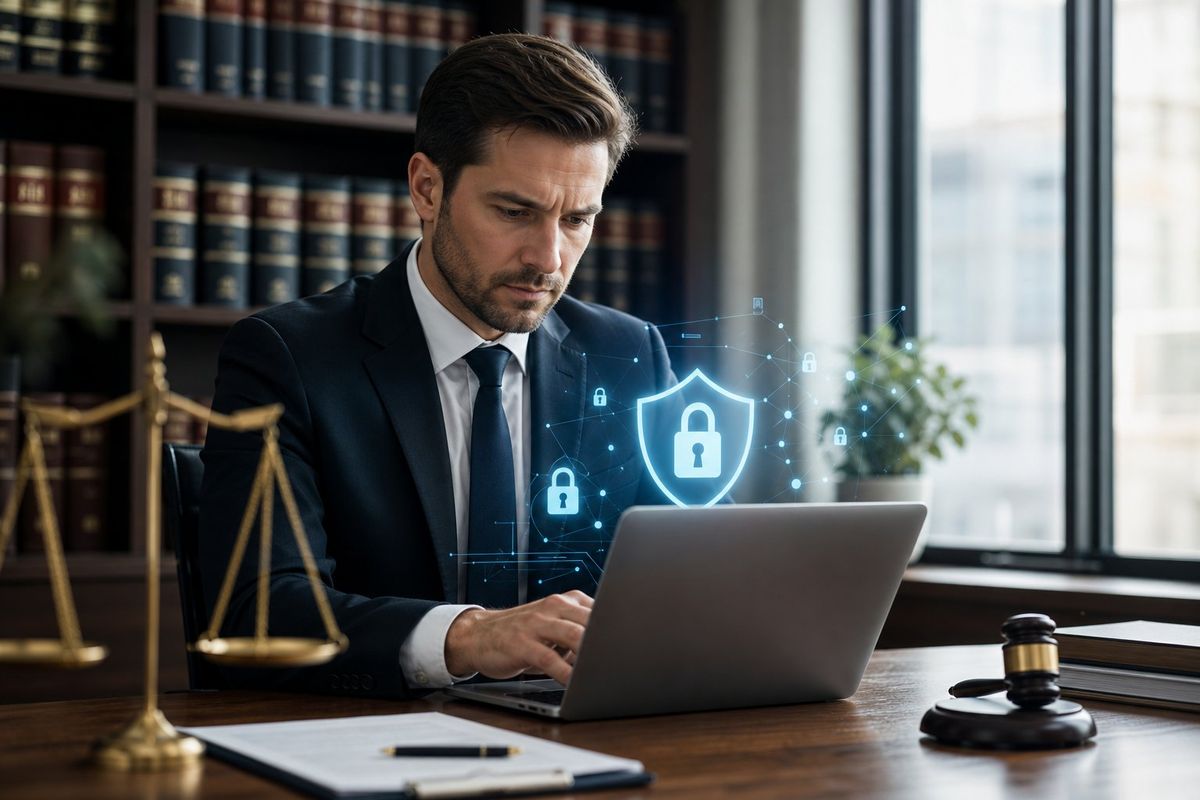 A lawyer working on a laptop in an office with digital encryption symbols representing secure email communication.