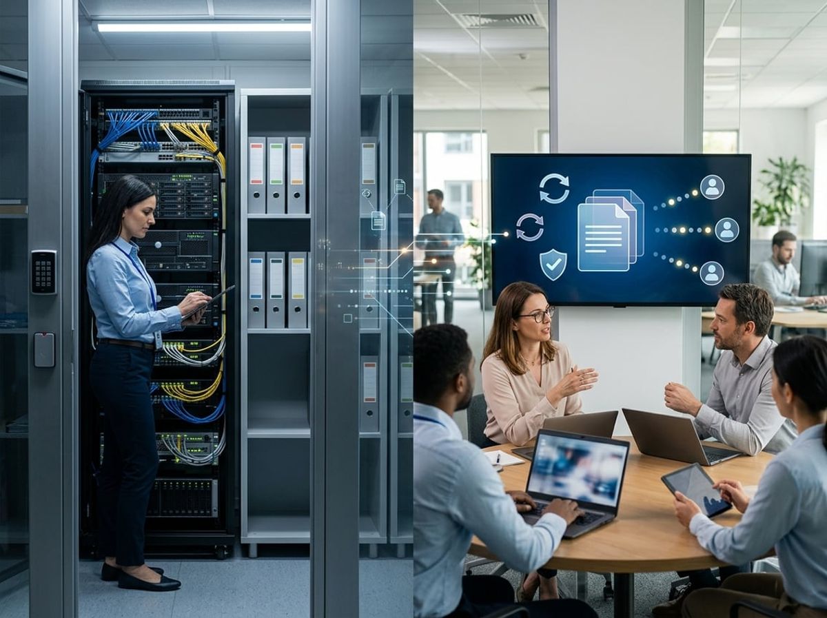 IT administrator reviews folder permissions and file version history on a dual monitor setup
