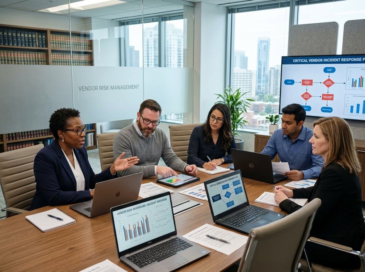 Colleagues discussing breach notification timelines and incident response steps in a conference room