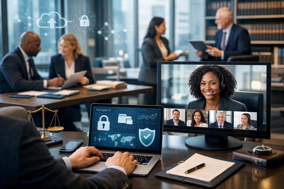 Legal professionals working together in a modern office using laptops and video calls to collaborate remotely.