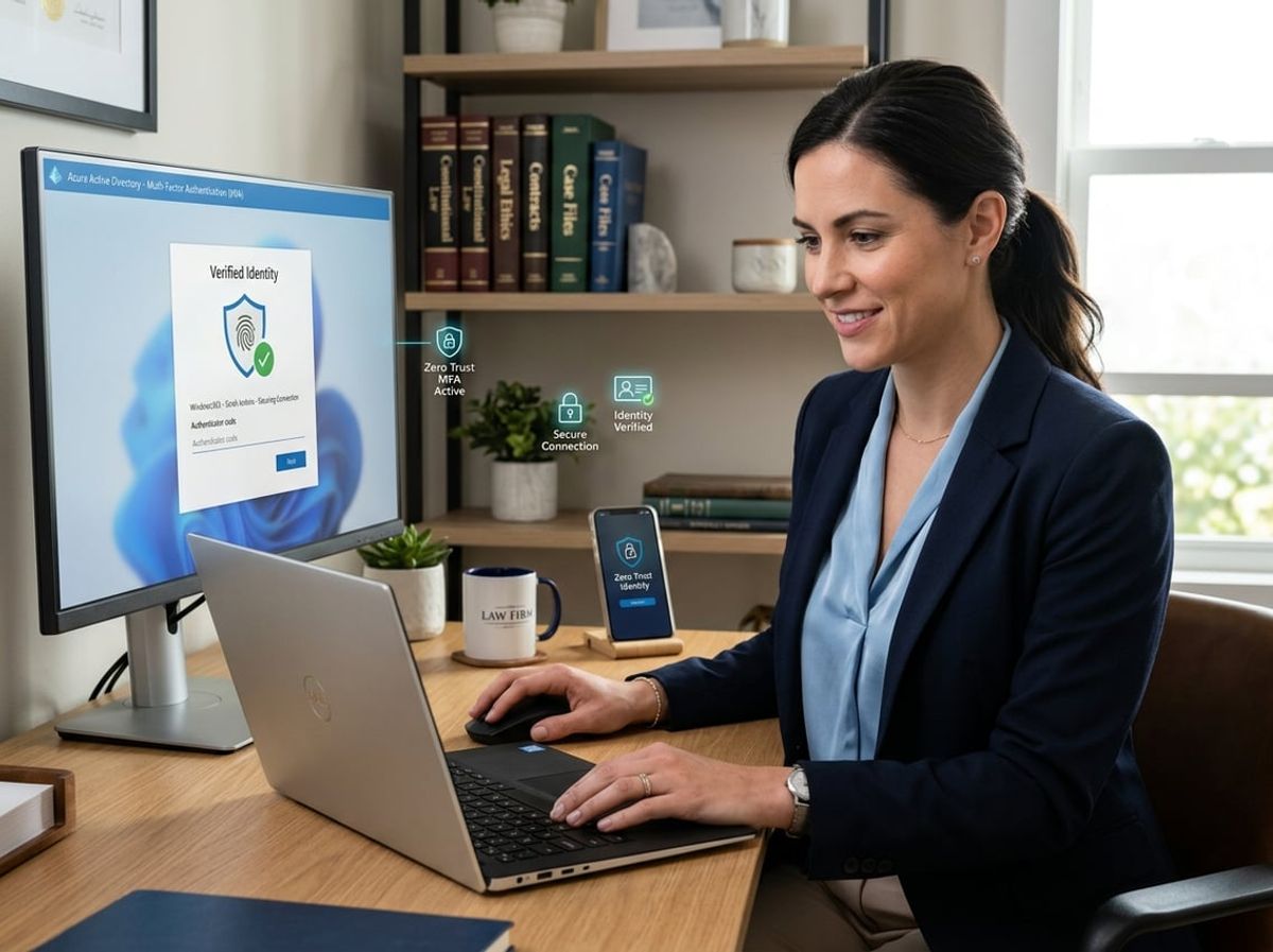 Remote attorney logging into a secure Cloud PC from a home office with identity verification prompts