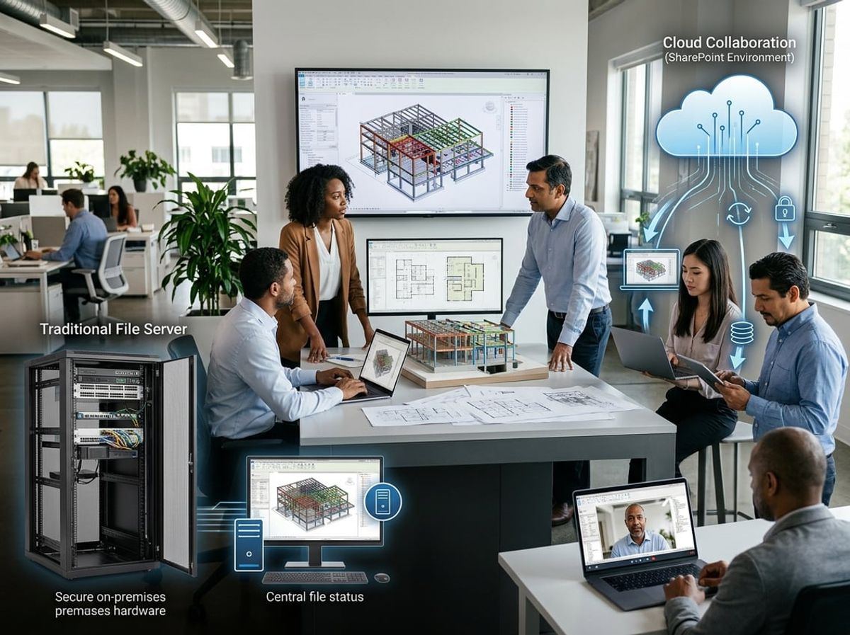 BIM team members collaborate on a shared Revit central model across connected workstations