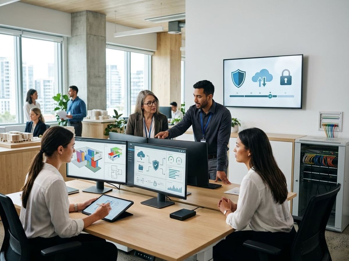 Team gathered around monitors discussing secure technology practices and digital building plans