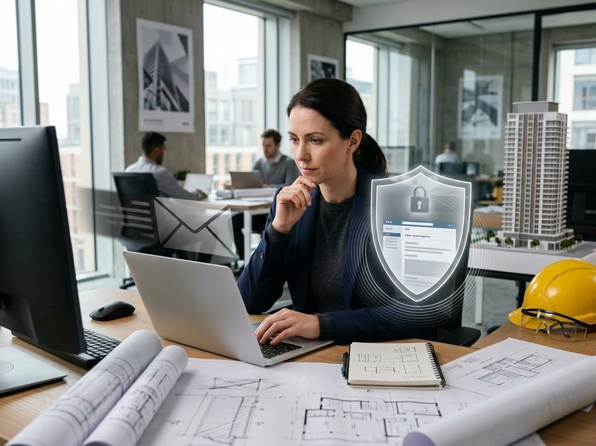 Architect examining a suspicious email near a desk covered with blueprints and a scale model