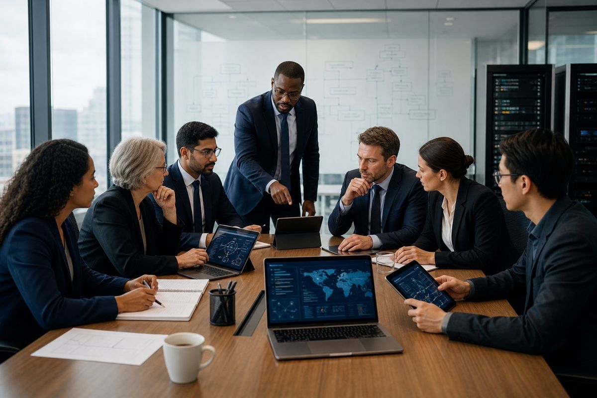 A group of IT consultants and legal professionals collaborating around a conference table with laptops and digital devices in a modern law firm office.